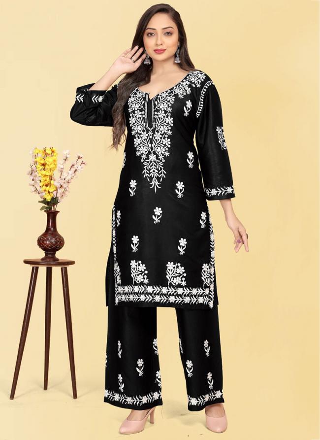 Rayon Black Traditional Wear Chikankari Work Readymade Kurti With Plazzo